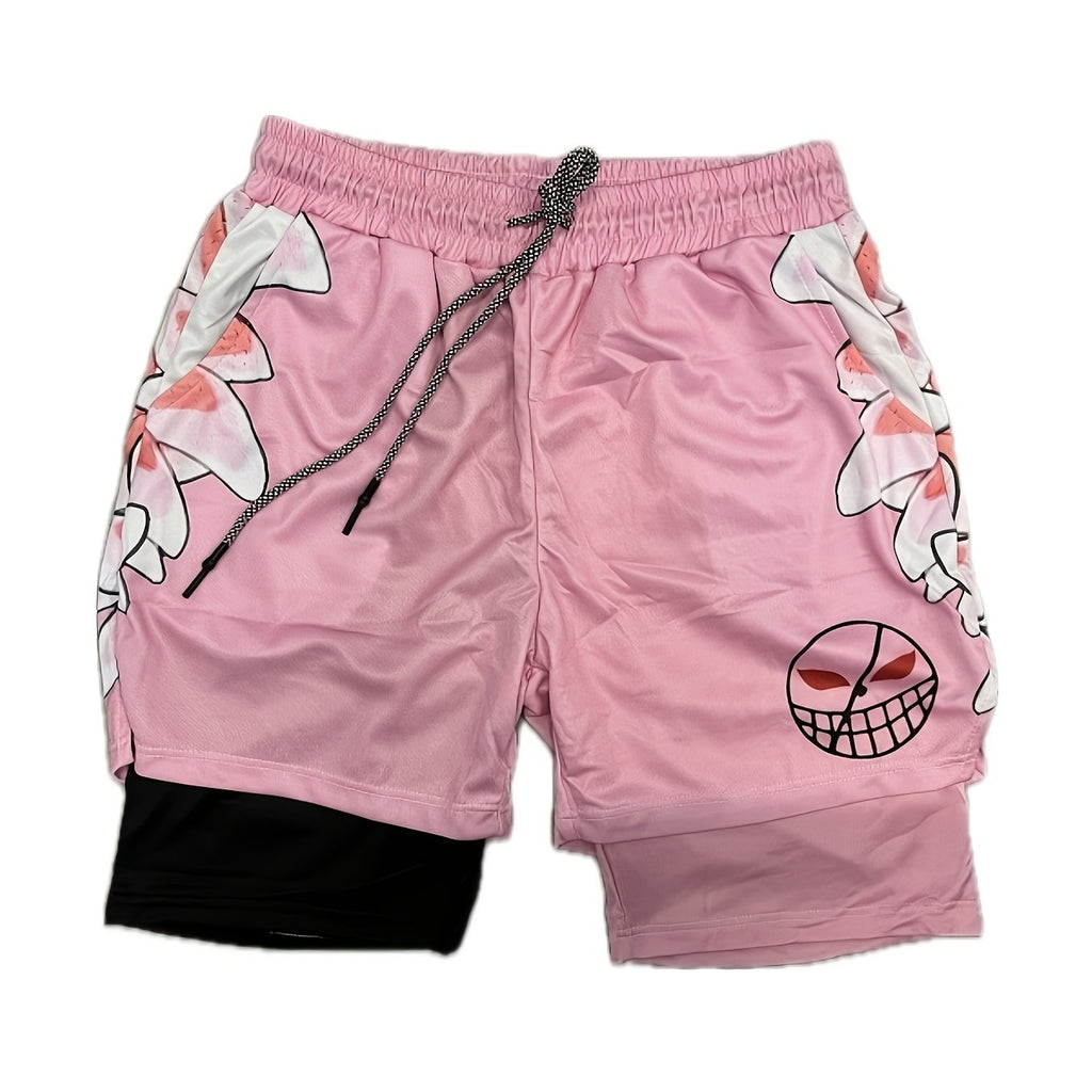 Pink anime-inspired 2-in-1 men's shorts with floral design and a black inner layer, featuring a drawstring waist.
