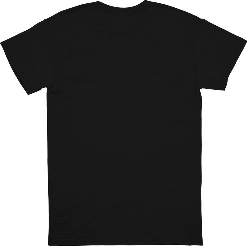 Black anime T-shirt featuring a vibrant design with a character in front of red stripes.