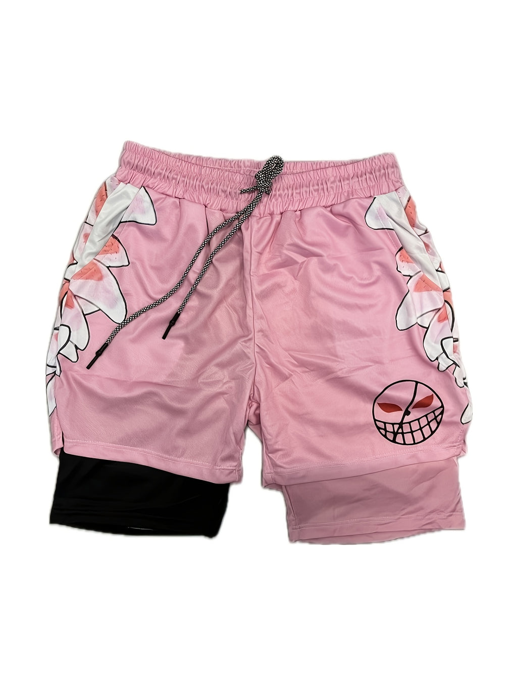 Pink anime-inspired 2-in-1 men's shorts with floral design and a black inner layer, featuring a drawstring waist.