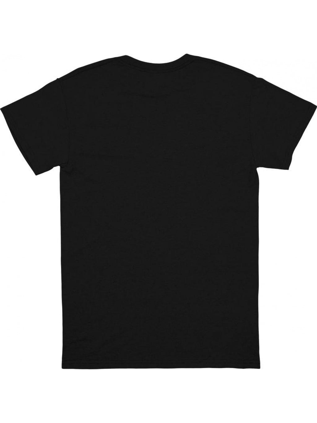 Black anime T-shirt featuring a vibrant design with a character in front of red stripes.