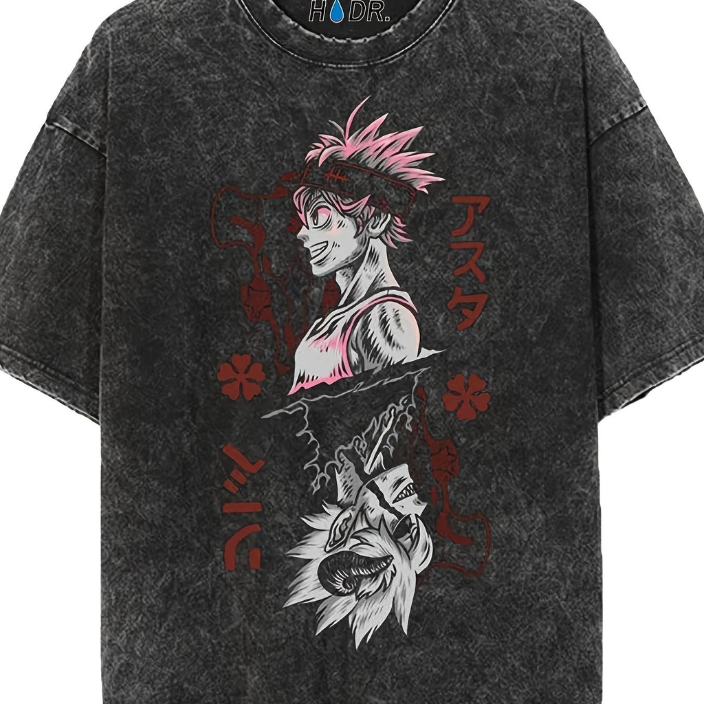 Men's retro washed graphic T-shirt featuring anime design with colorful characters on a black background.