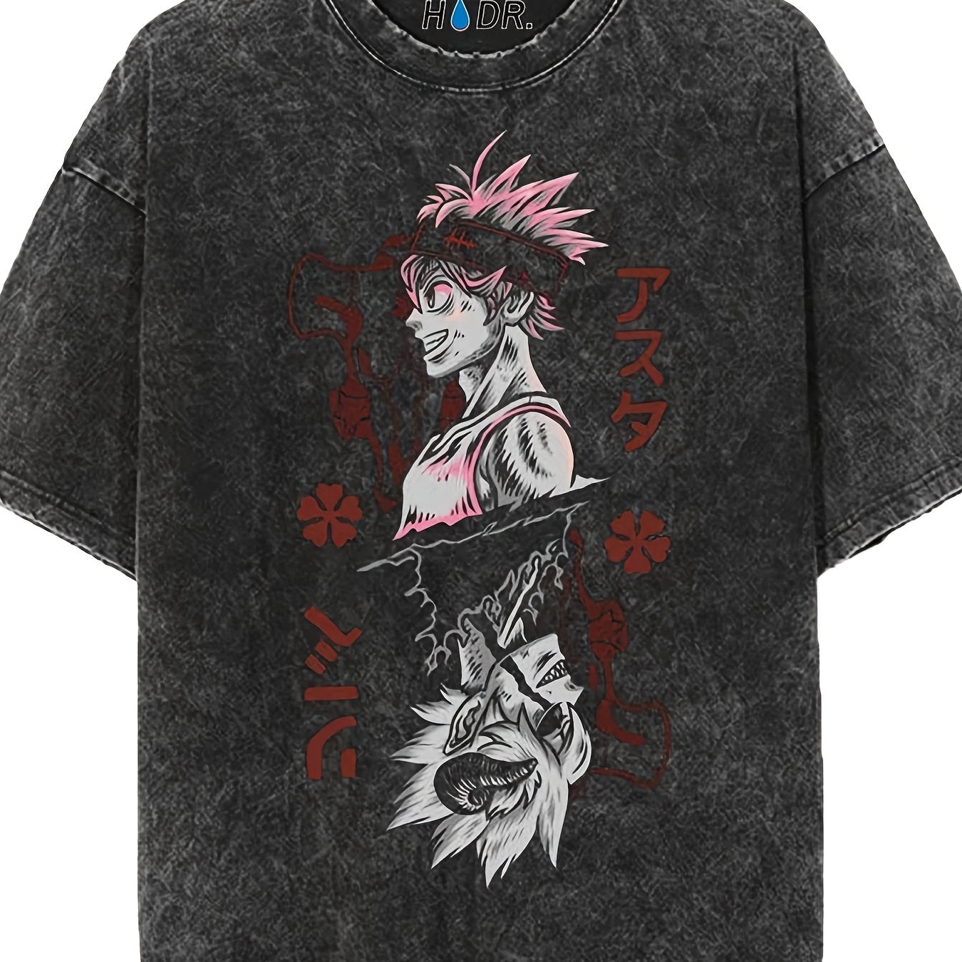 Men's retro washed graphic T-shirt featuring anime design with colorful characters on a black background.
