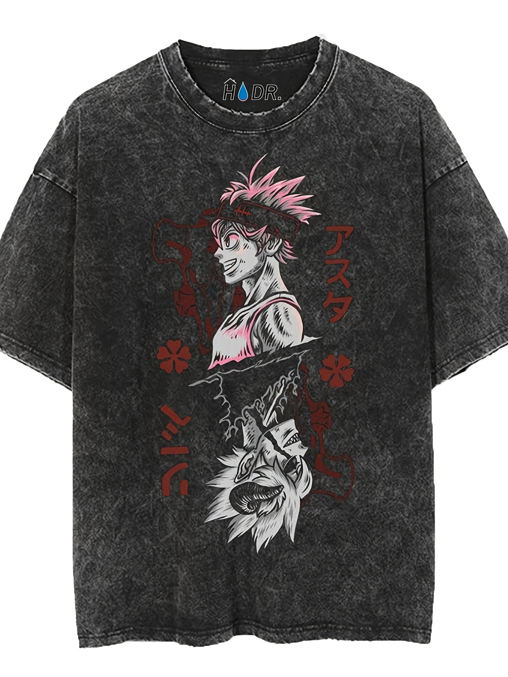 Men's retro washed graphic T-shirt featuring anime design with colorful characters on a black background.
