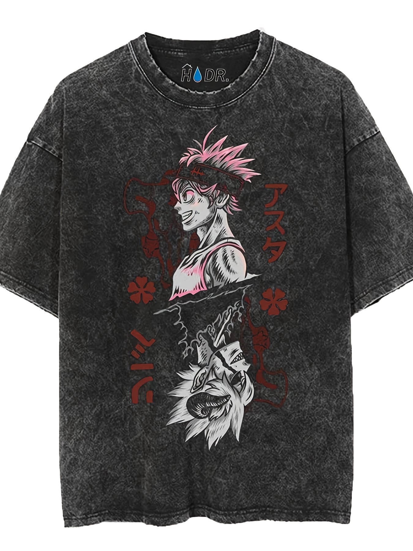 Men's retro washed graphic T-shirt featuring anime design with colorful characters on a black background.