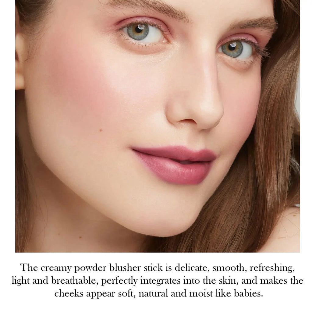On-the-Go Blush Tinted Moisture Stick, showcasing before and after results on eyes and cheeks.