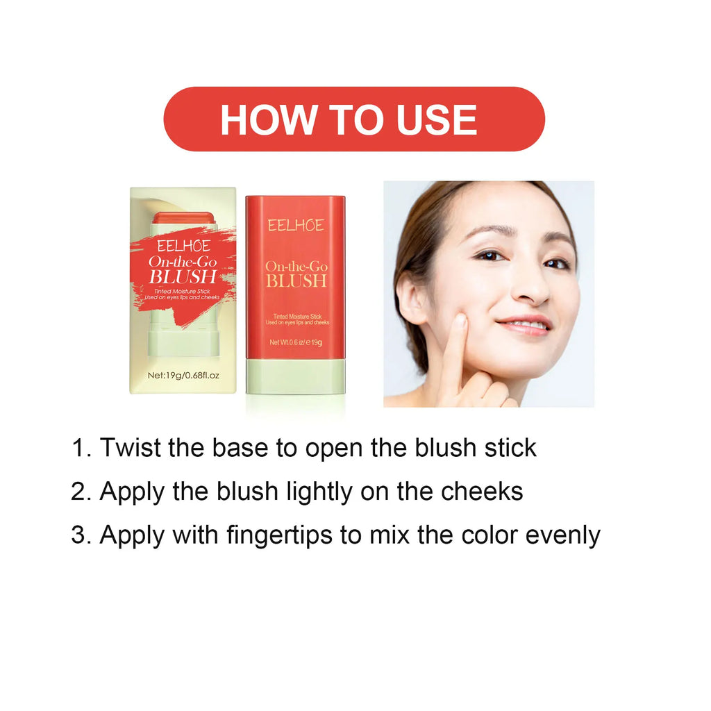 On-the-Go Blush Tinted Moisture Stick, showcasing before and after results on eyes and cheeks.