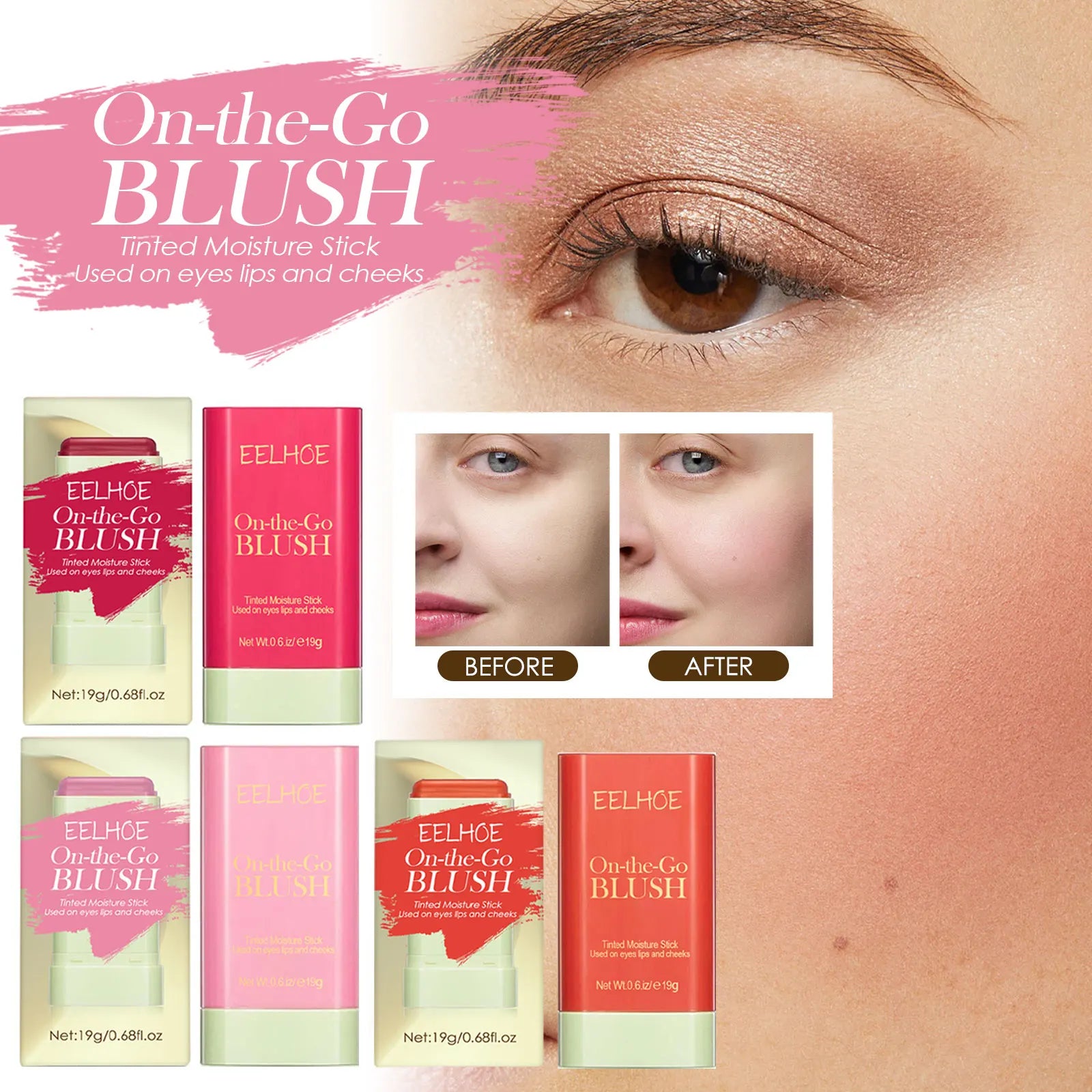 On-the-Go Blush Tinted Moisture Stick, showcasing before and after results on eyes and cheeks.