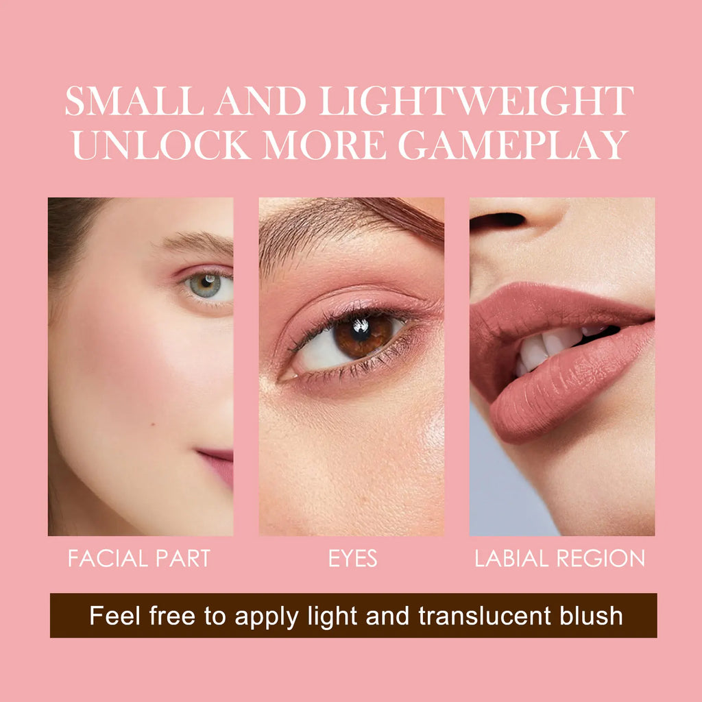 On-the-Go Blush Tinted Moisture Stick, showcasing before and after results on eyes and cheeks.