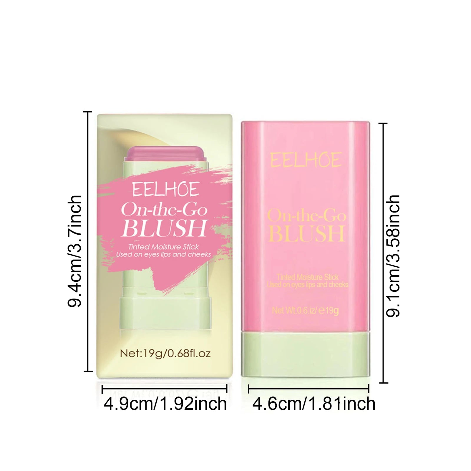 On-the-Go Blush Tinted Moisture Stick, showcasing before and after results on eyes and cheeks.