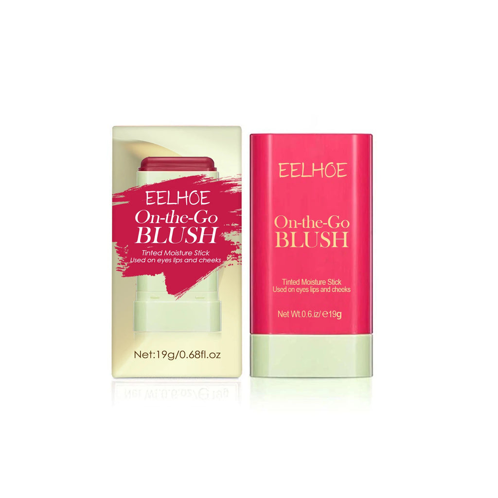 On-the-Go Blush Tinted Moisture Stick, showcasing before and after results on eyes and cheeks.