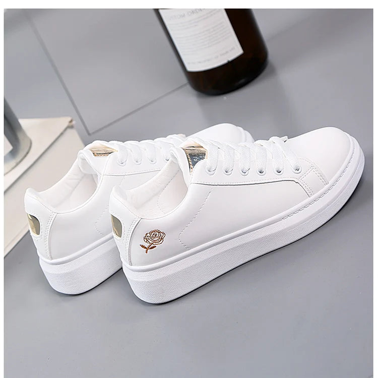 2022 Women Casual Shoes New Spring Fashion Embroidered White Breathable Flower Lace-Up Sneakers