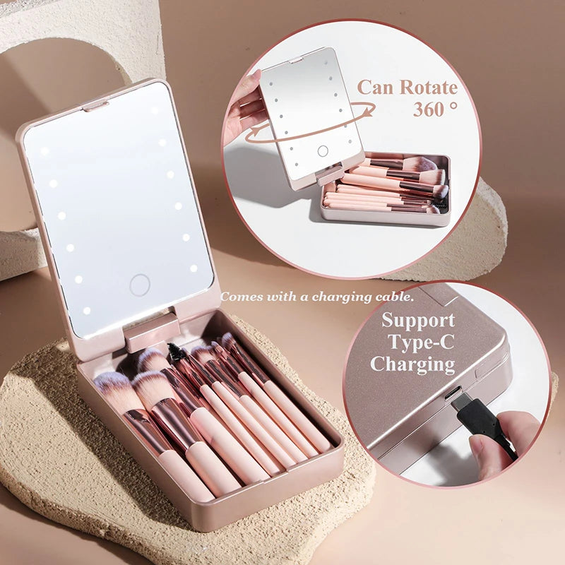 14-Piece Makeup Brush Set with Illuminated Mirror, Portable Short Handle,LED Light,USB Rechargeable Makeup Brushes Kit
