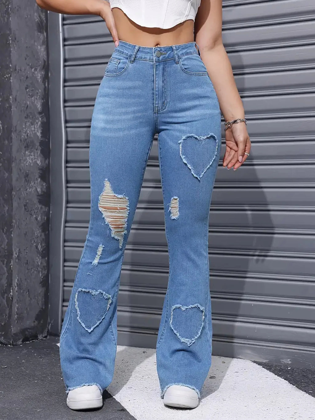 2025 Women's New Distressed Jeans, Embroidered Patch Fabric, High Elasticity, Fashionable and Versatile, Comfortable Denim Women