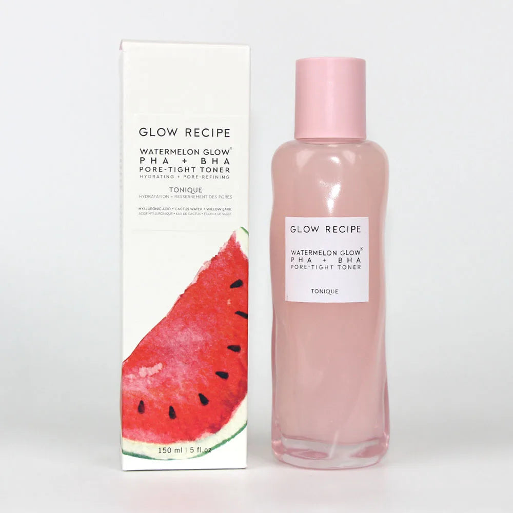 Glow Recipe Watermelon Glow PHA+BHA Pore-Tight Toner bottles in pink packaging for brightening and hydrating skin.