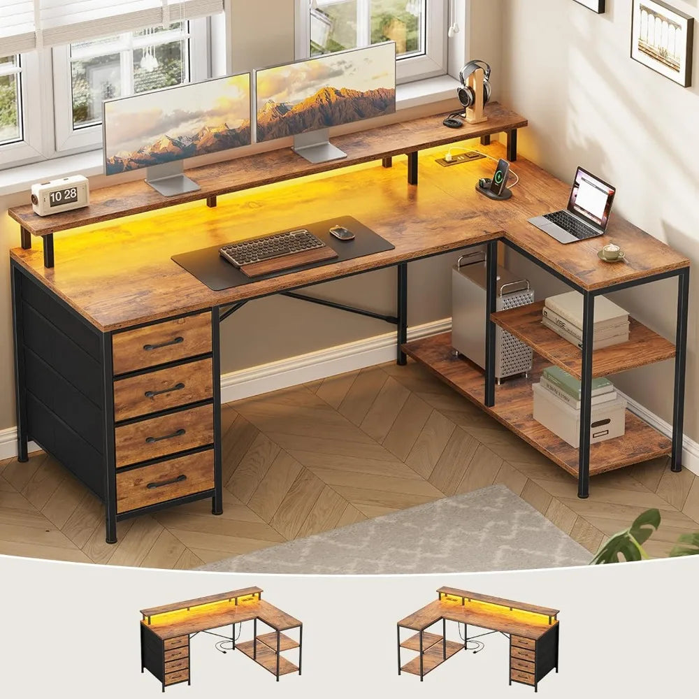 L Shaped Desk with 4 Drawers and Storage Shelves, L Shaped Gaming Desk with LED Lights & Power Outlets, Computer Desk with Shel