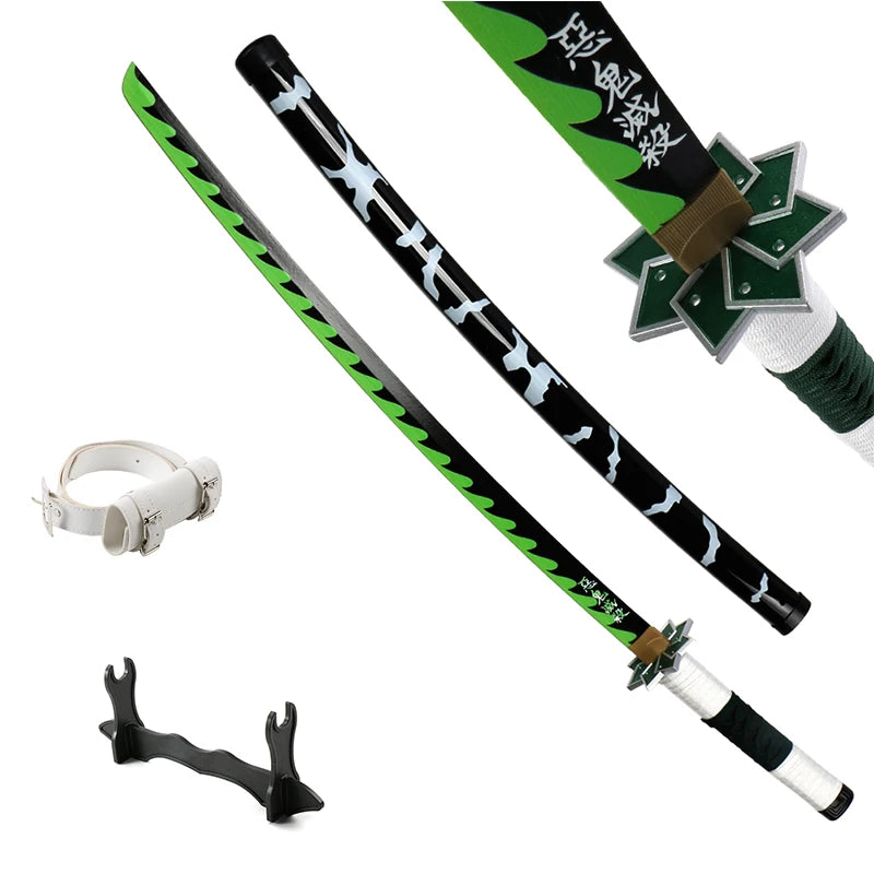 Collection of colorful anime swords with unique designs and a display stand, showcasing samurai katana styles.