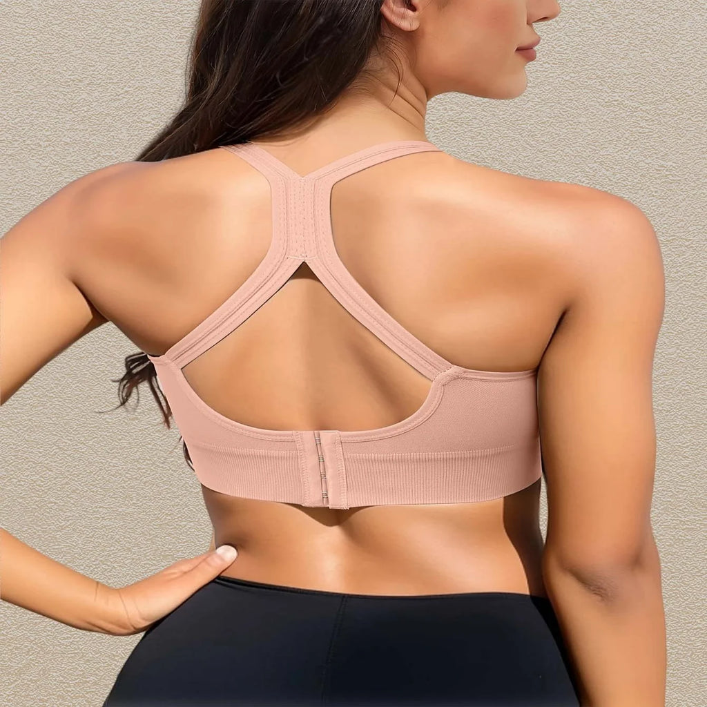 Seamless plus size sports bras in black and nude, perfect for yoga, fitness, and cycling, shown from the back.