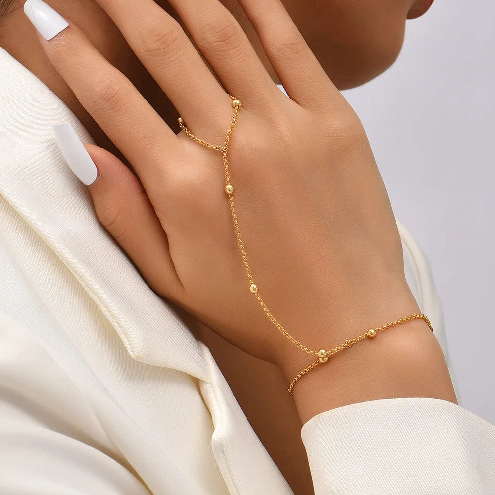 Dainty Hand Chain Bracelet Ring Gold Plated Handmade Link Chains Connecting Harness Bracelets Hand Jewelry for Women Trendy Gift