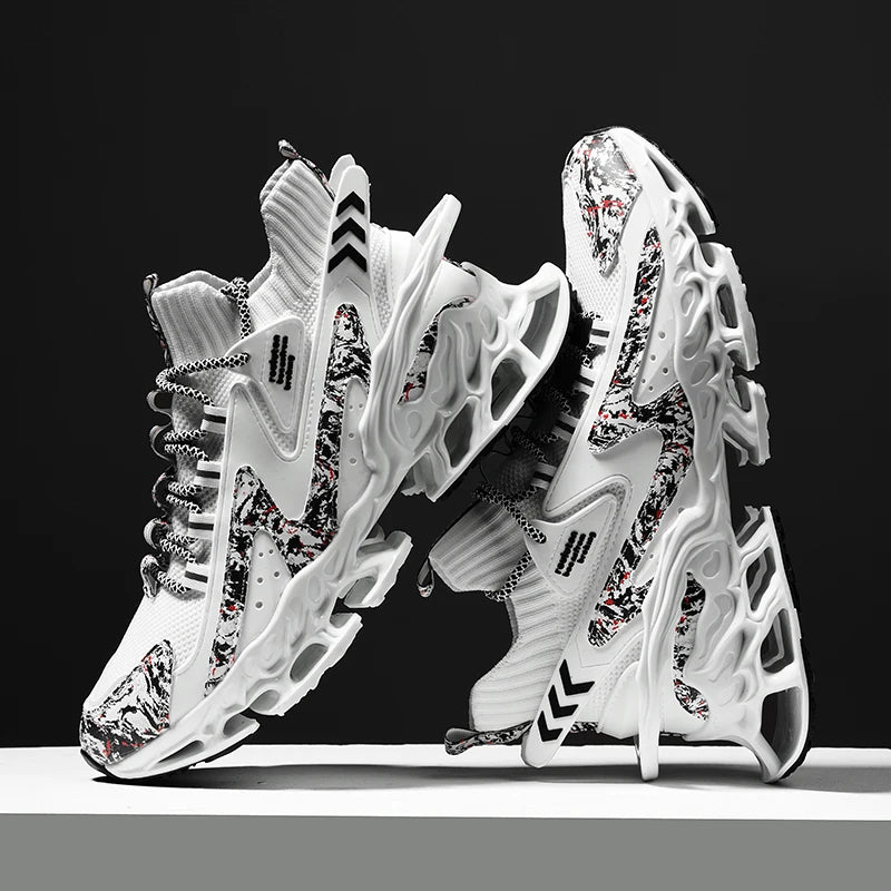 Anime and More men's running shoes with blade design and non-slip features in white and colorful accents.