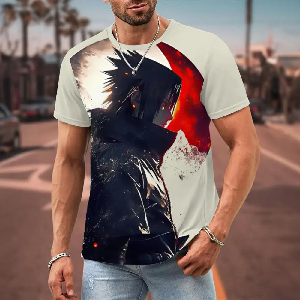 MINISO Naruto Men's T Shirt Japanese Anime 3D Prints Casual Short Sleeve Tees Street Oversized Clothing Fashion Cartoon T-Shirts