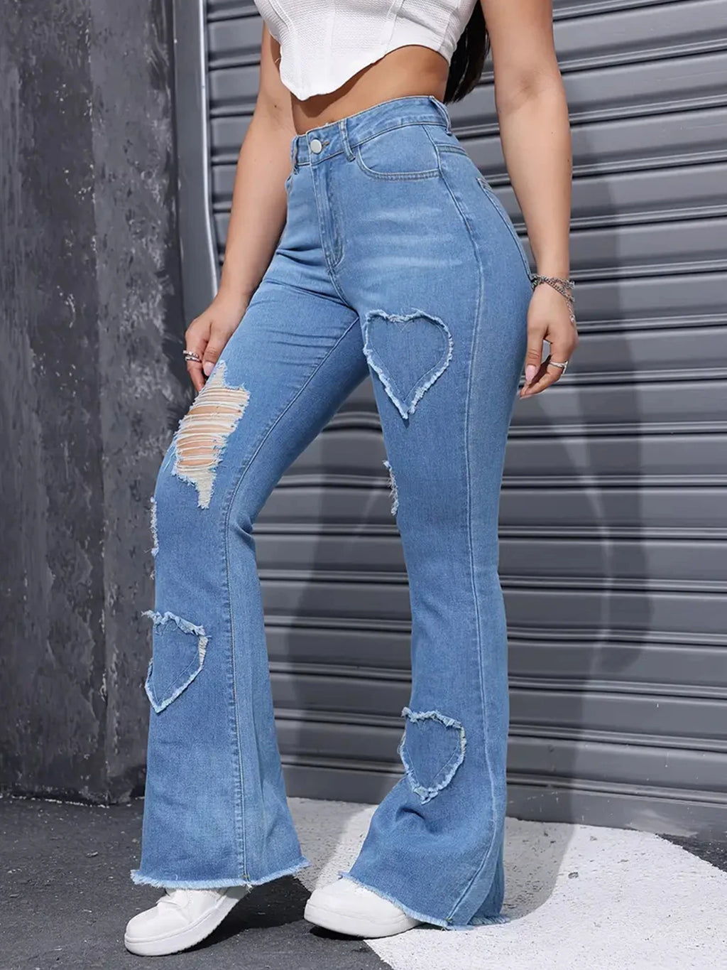 2025 Women's New Distressed Jeans, Embroidered Patch Fabric, High Elasticity, Fashionable and Versatile, Comfortable Denim Women