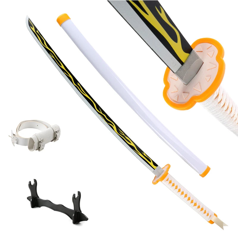 Collection of colorful anime swords with unique designs and a display stand, showcasing samurai katana styles.