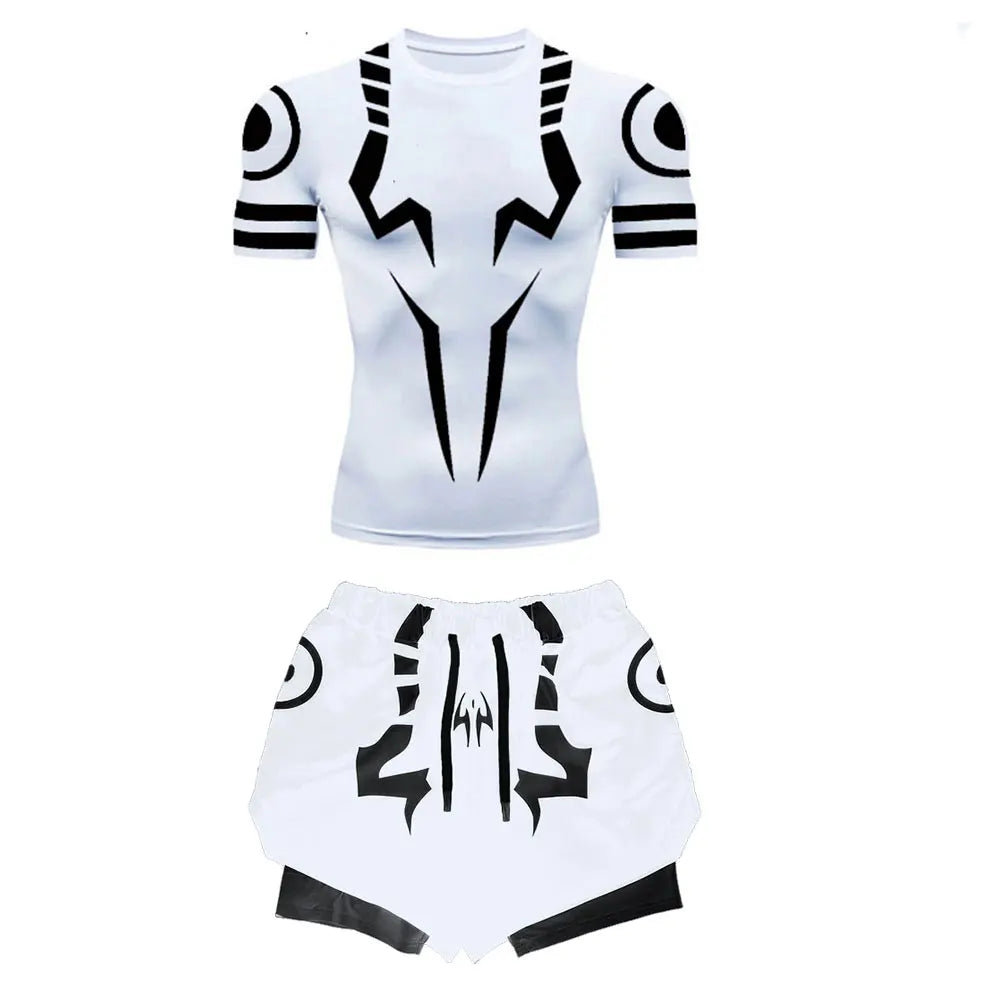 Anime Jujutsu Kaisen Compression Set Fitness Suit for Men Quick Dry 3D Compression Shirt+Gym Shorts Running Workout Sportswear