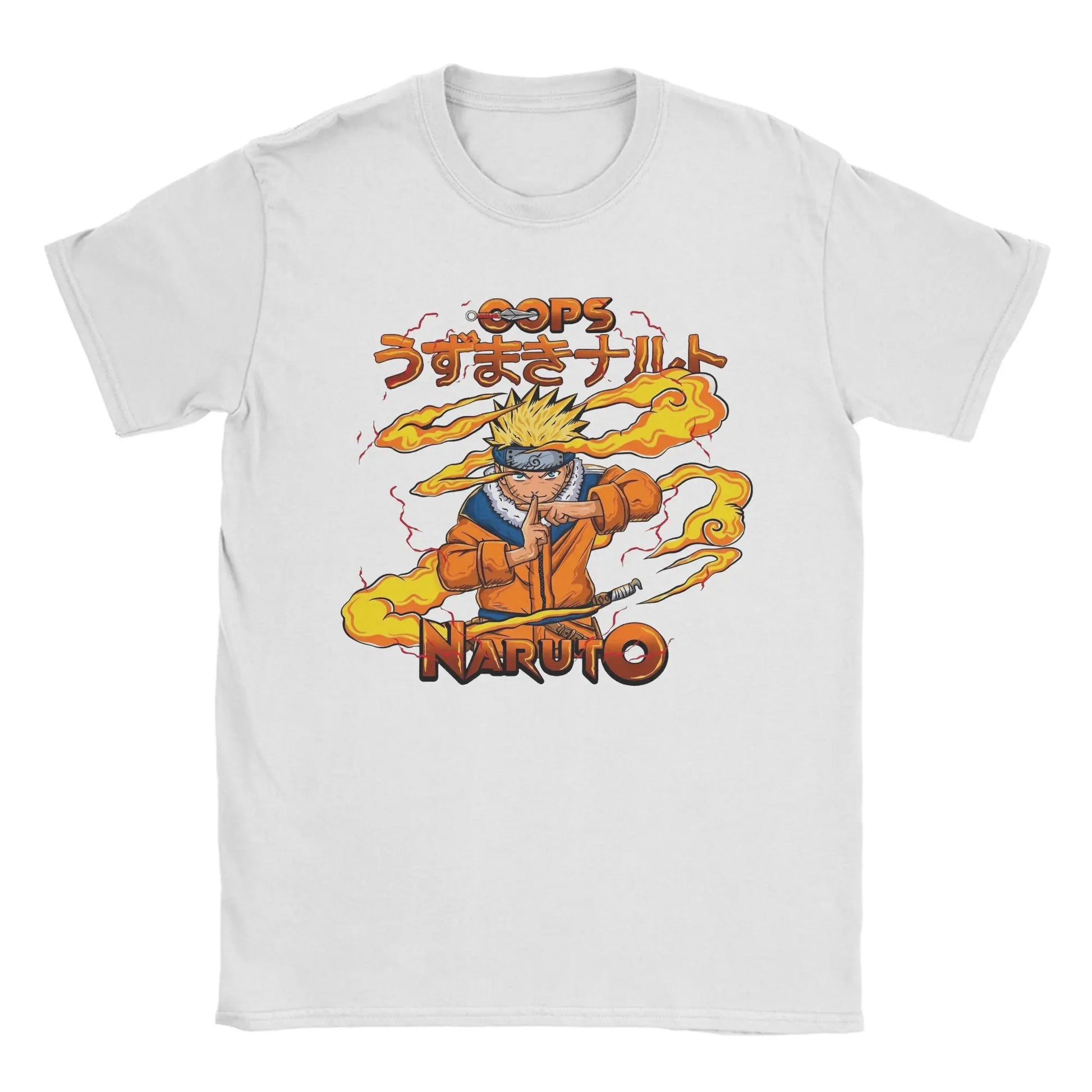 Naruto graphic t-shirt featuring a vibrant character design and flames, perfect for anime fans.