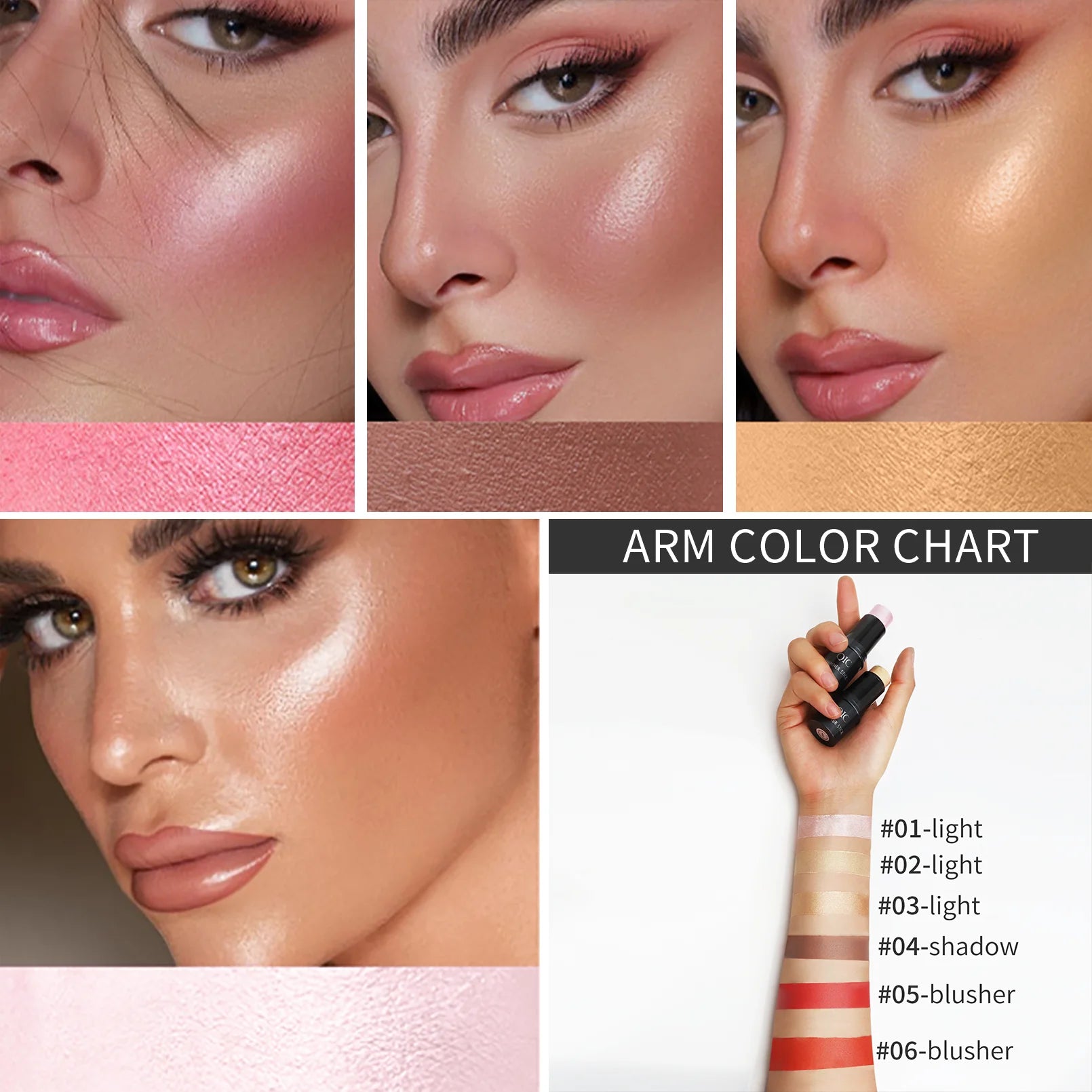 Two QIC shimmer stick highlighters with swatches, perfect for adding glow and radiance to makeup looks.