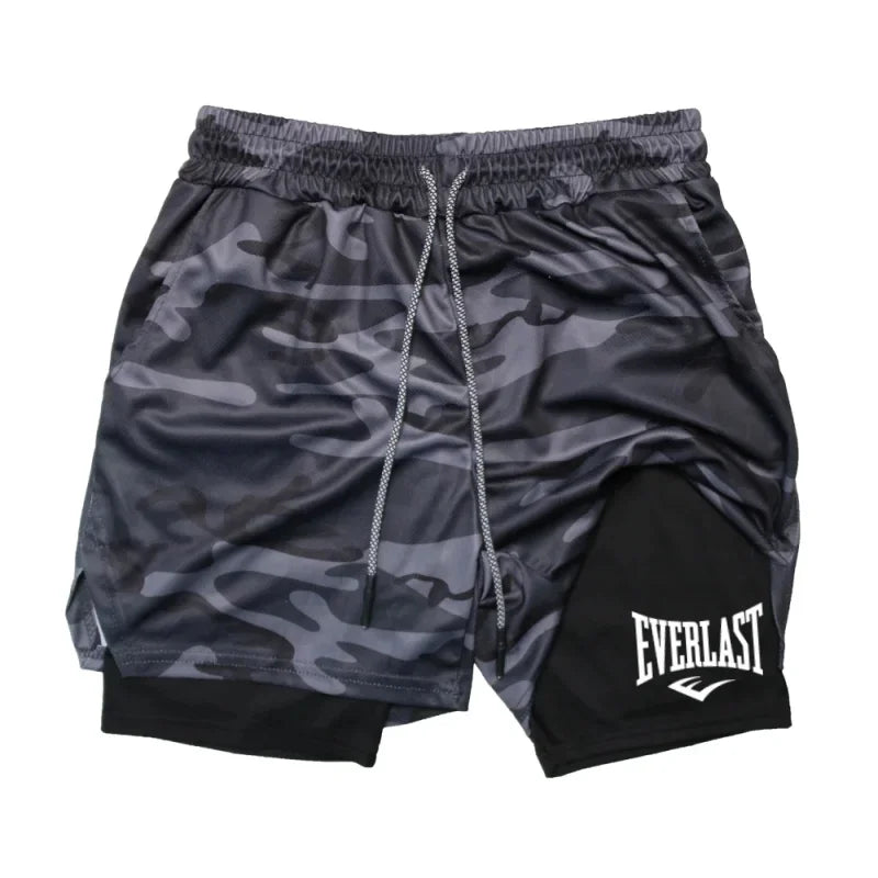 Men's compression gym shorts, EVERLAST printed sports pants, double layered, quick drying, basketball, beach, muscle, fitness