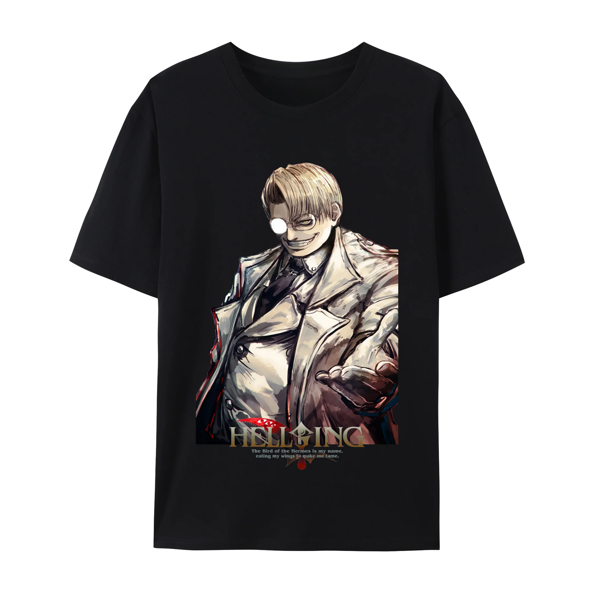 Alucard graphic cotton t-shirt from anime and more, featuring a dark design with a character in a coat and an eye patch.