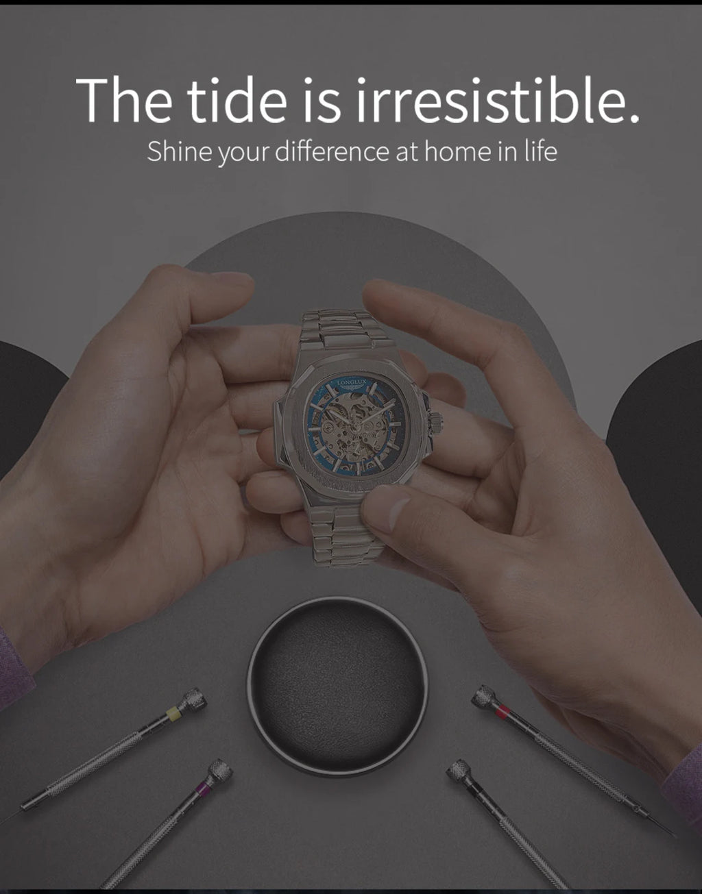 LONGLUX Men automatic mechanical watch luxury watches waterproof skeleton business cheap wholesale stainless steel gift watch