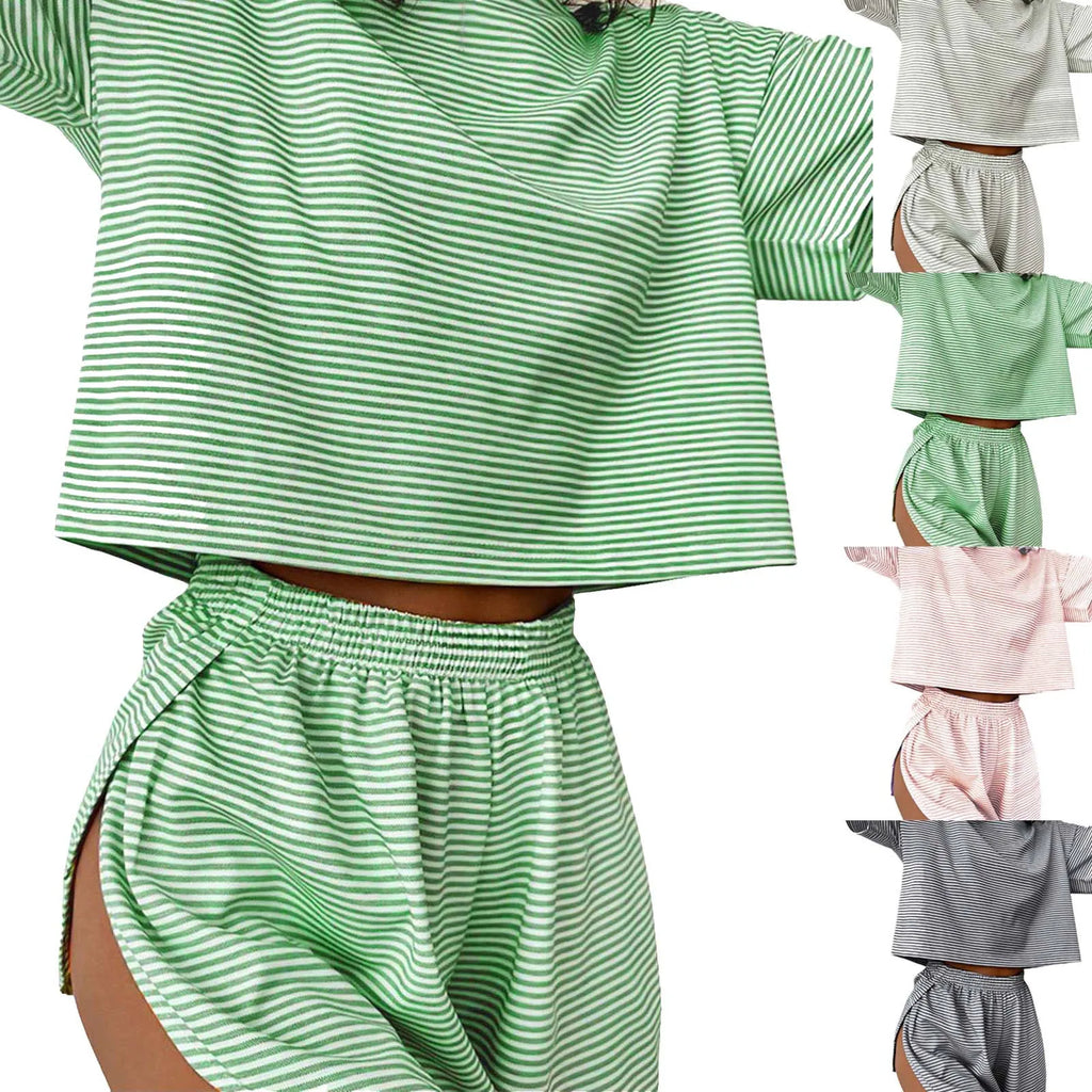 Women's striped pajama set with short sleeve t-shirt and elastic waistband shorts in comfortable fabric.