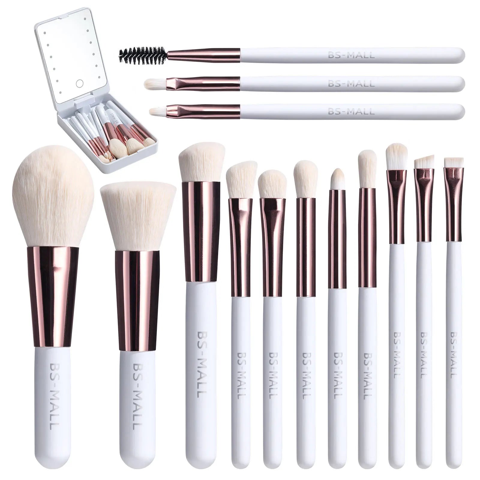 14-Piece Makeup Brush Set with Illuminated Mirror, Portable Short Handle,LED Light,USB Rechargeable Makeup Brushes Kit