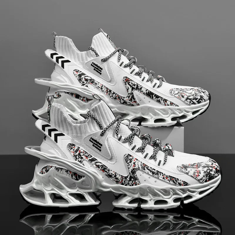 Anime and More men's running shoes with blade design and non-slip features in white and colorful accents.