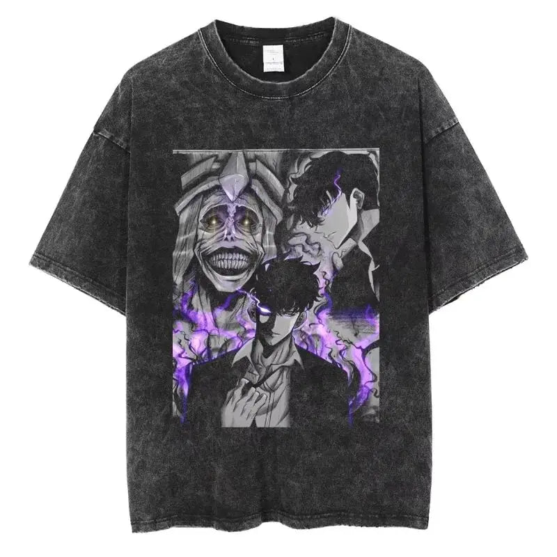 Men's and women's T-shirt plus size Harajuku unisex washed cotton T-shirt Hot Anime Solo Leveling Song Jinyu printed T-shirt