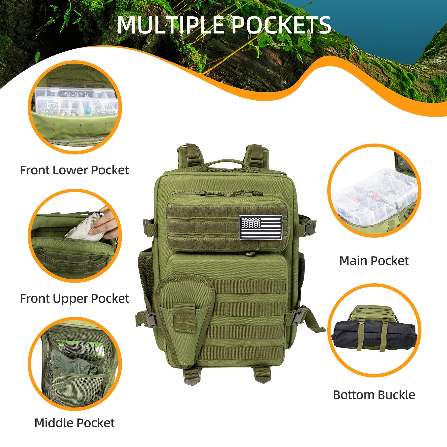 25L Fishing Hunting Bag Tactical Backpack Men's Travel Large Capacity Backpack Durable Waterproof Men's Outdoor Bag