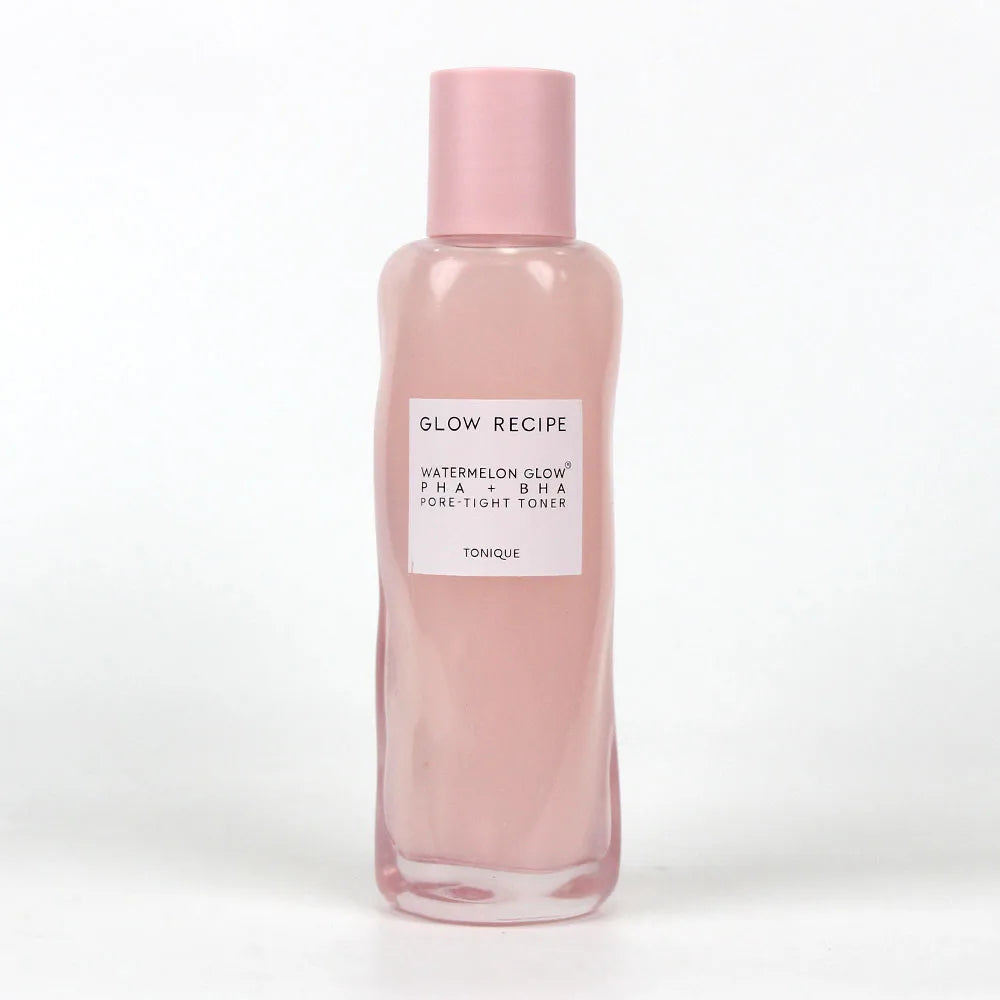 Glow Recipe PHA + BHA Face Toner bottle with pink cap and watermelon glow formula for hydration and pore tightening.