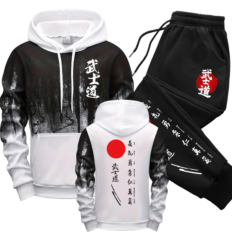 Japan Bushido Style Hooded Sweatshirt Sweatpants Men's Set Autumn Winter Daily Casual Sport Jogger Suit Urban Fashion Sportswear