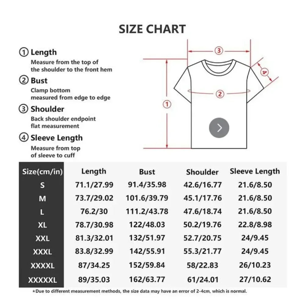 Size chart for T-shirts showing measurements for length, bust, shoulder, and sleeve length.