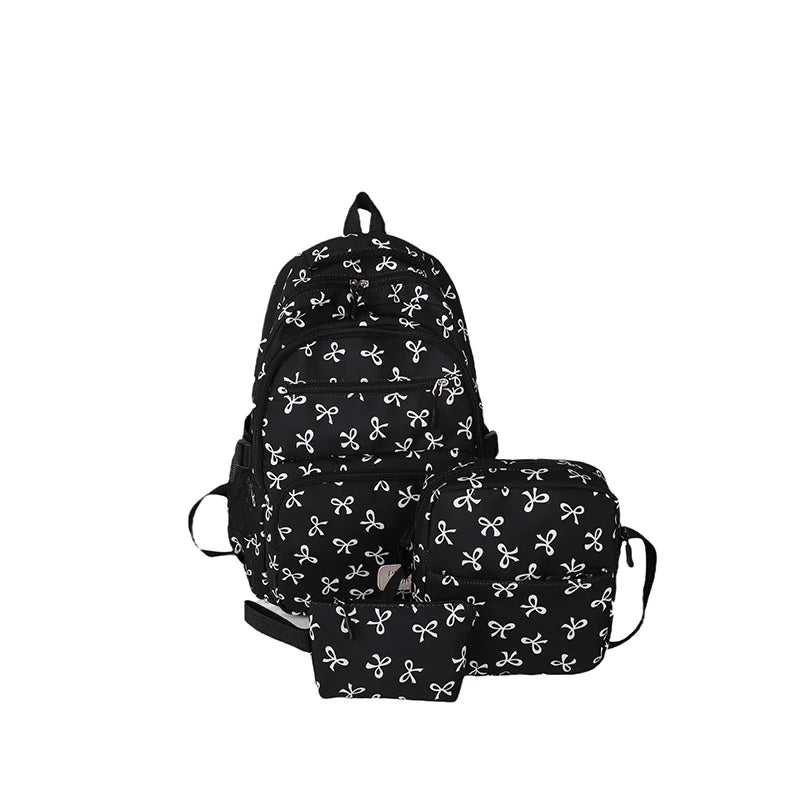 3Pcs/Set Bow Print Backpack with Crossbody Bag and Small Purse Bow Student Bookbag Simple Backpack for Elementary Middle Kids