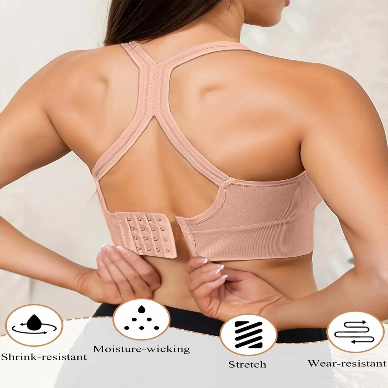 Seamless plus size sports bras in black and nude, perfect for yoga, fitness, and cycling, shown from the back.