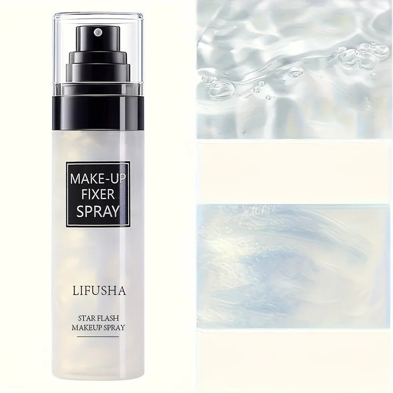 Anime and more Star Flash Quicksand Makeup Setting Spray bottles with applicator nozzle and skin close-up.