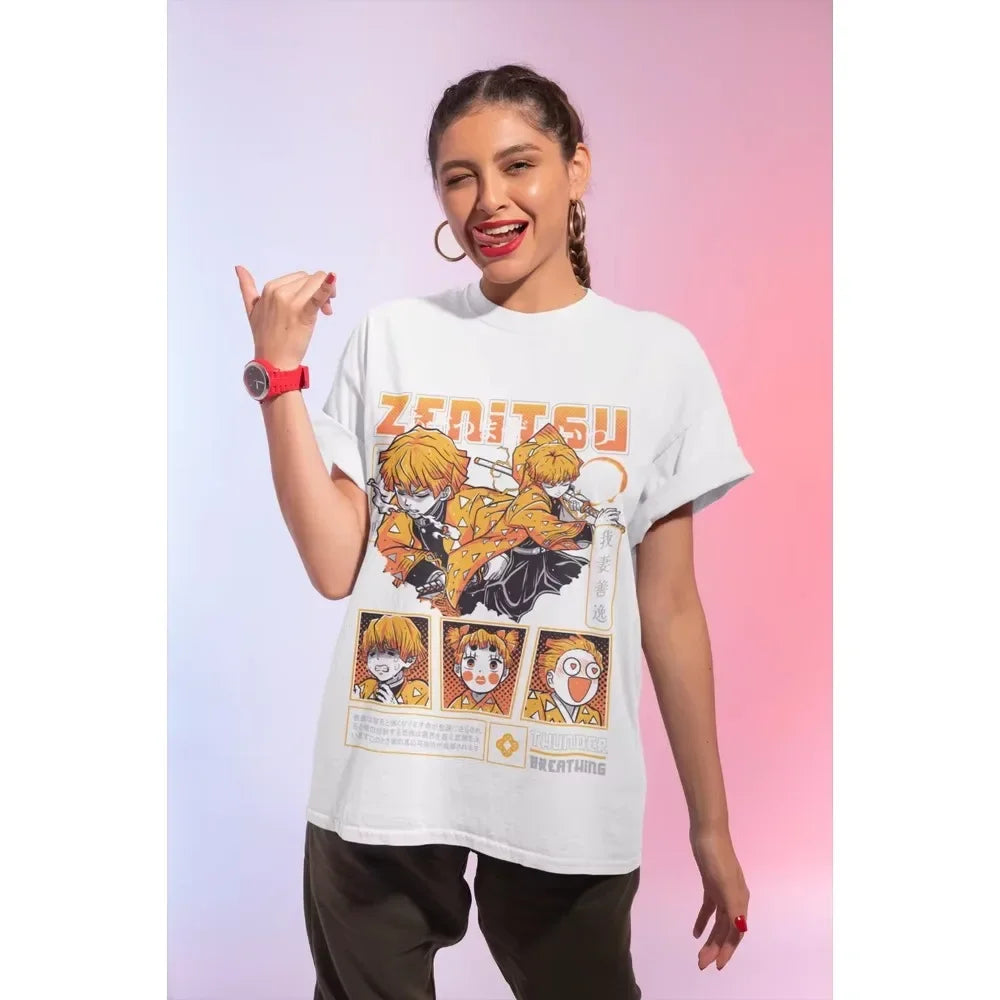Black Zenitsu Demon Slayer tee featuring vibrant artwork and striking designs, perfect for anime fans.