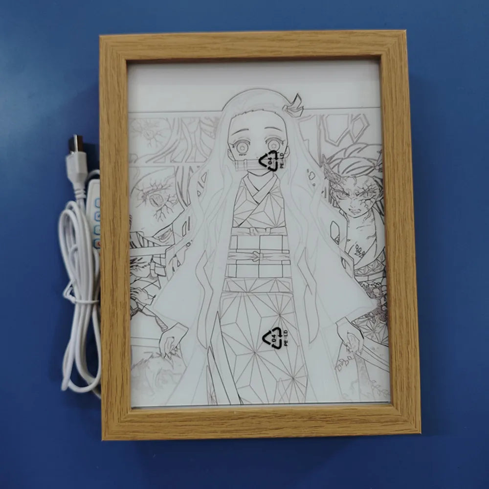 Anime Figure Light Painting Photo Frame Demons Slayer Kimetsu No Yaiba Tanjirou Action Led Lamps Bedroom Decor Chirstmas Gifts