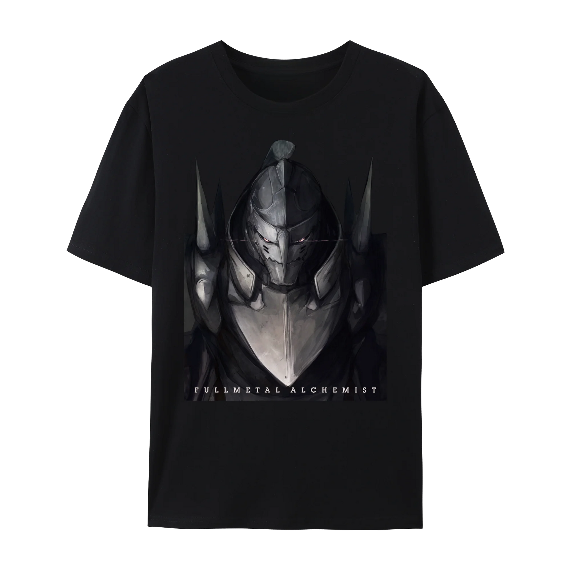 Fullmetal Alchemist graphic cotton t-shirt featuring a character design on a black backdrop.