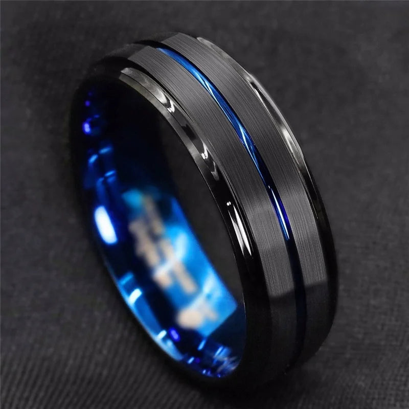 Fashion 8mm Men's Black Tungsten Wedding Band Rings Blue Groove Beveled Edge Engagement Ring for Male Valentine Gifts Jewelry
