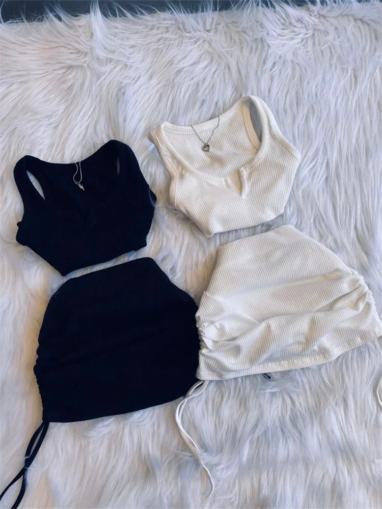 2023 Streetwear Knit 2 Two Piece Dress Sets Skirts Crop Tops Mini Skirt Matching Orange Drawstring Black Skirts Dress Suits
