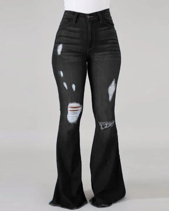 Denim Flare Pants Women Hole Jeans Boot Cut High Waist Stretch Pockets Distressed Washed Streetwear 2025 Floor Length Trousers
