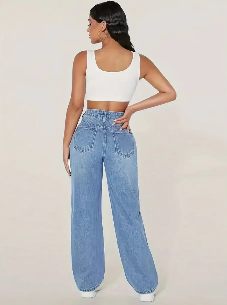 Mom Jeans Women Denim Pant Wide Leg Long Pants Hole High Waist Straight Trousers Y2k Streetwear Work Splice Casual 2025 Punk